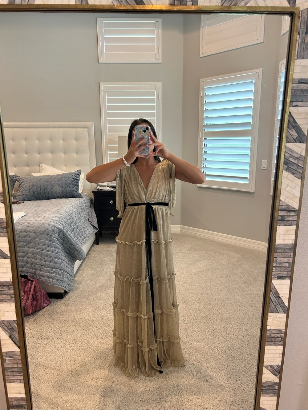 a loves a Gold Tiered Maxi Dress with Black Velvet Sash